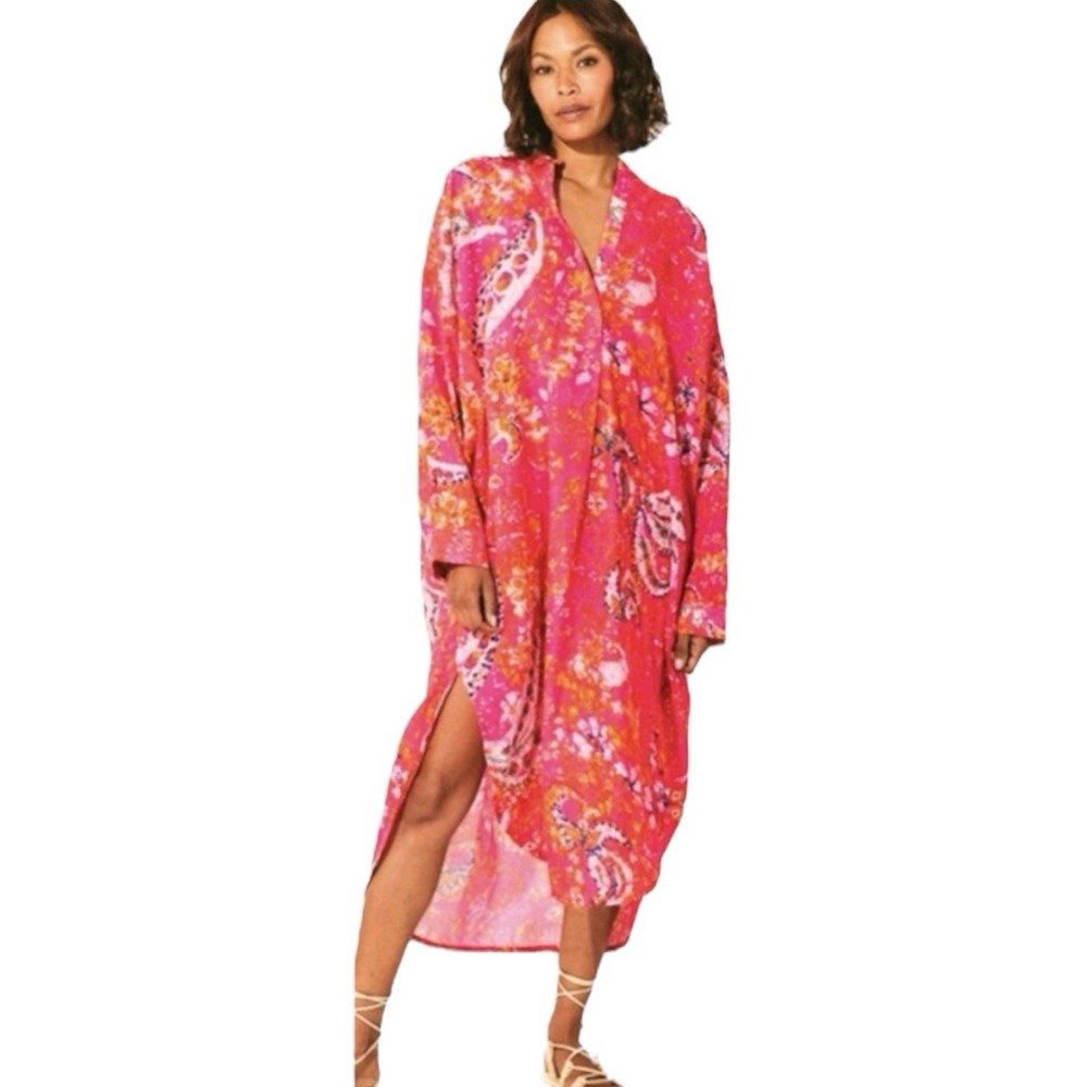 Cleobella Rohita Kaftan Dress Pink Midi Shift‎ Floral Cotton Size L NO BELT Pink